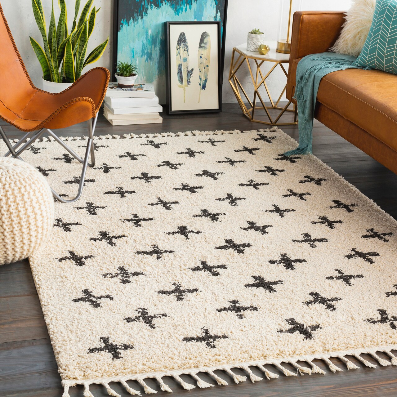 Tiwari Home 2' x 3' Beige and Black Cross Patterned Rectangular Machine Woven Area Rug